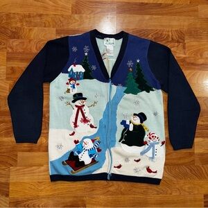 The Quacker Factory Snowman Christmas Sweater Cardigan Women's M Vintage 90s